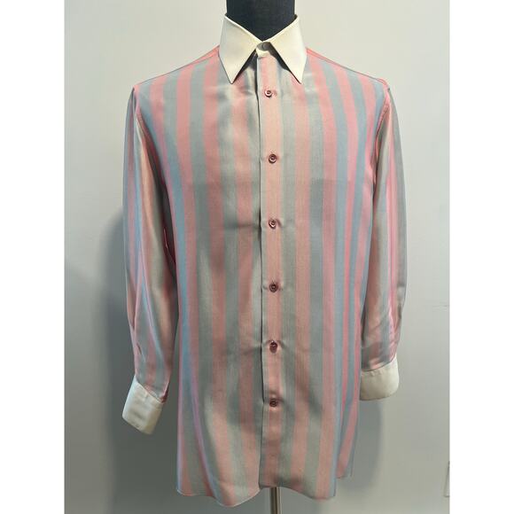 Bijan Silk Dress Shirt Button Down Gray Pink Vertical Stripes Size 16.5 JP - Picture 1 of 10